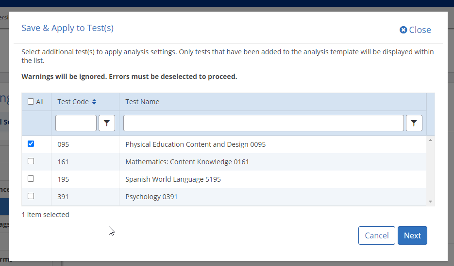 DIF Test Settings Save and Apply Modal